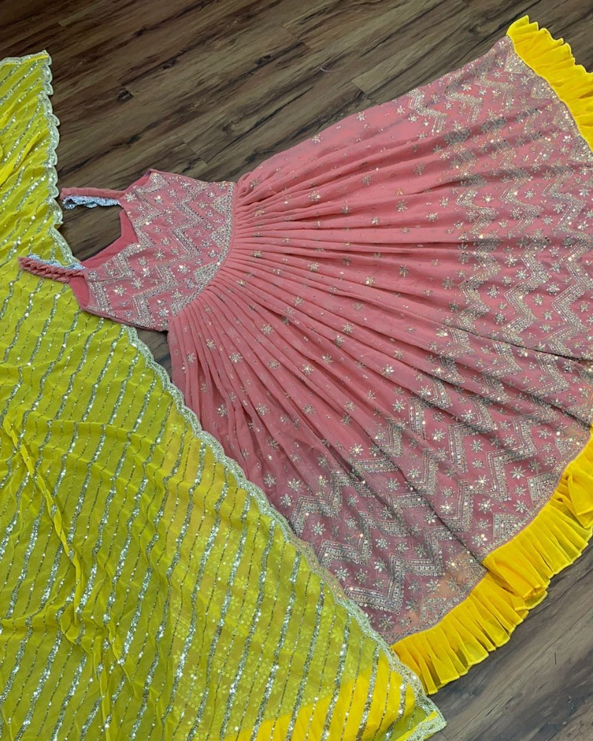 Peach georgette thread and sequence work long anarkail suit