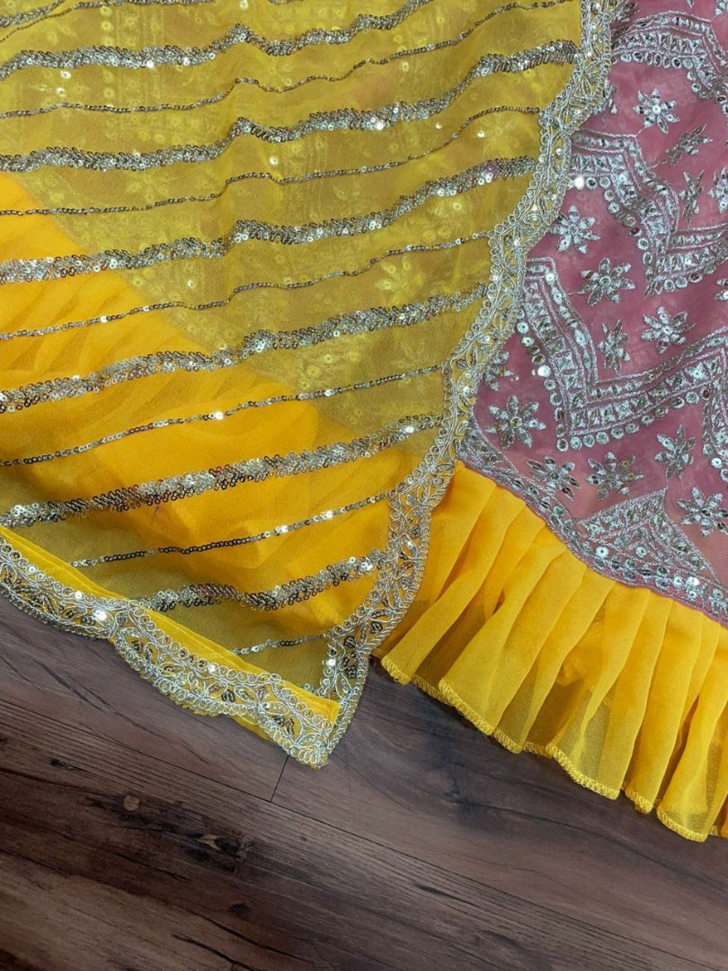 Peach georgette thread and sequence work long anarkail suit