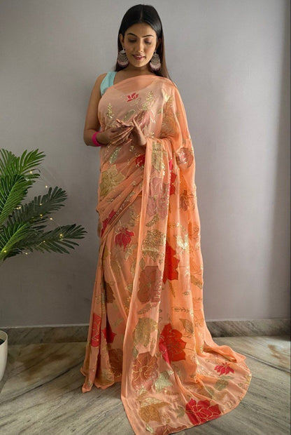 Peach georgette thread and sequence work saree