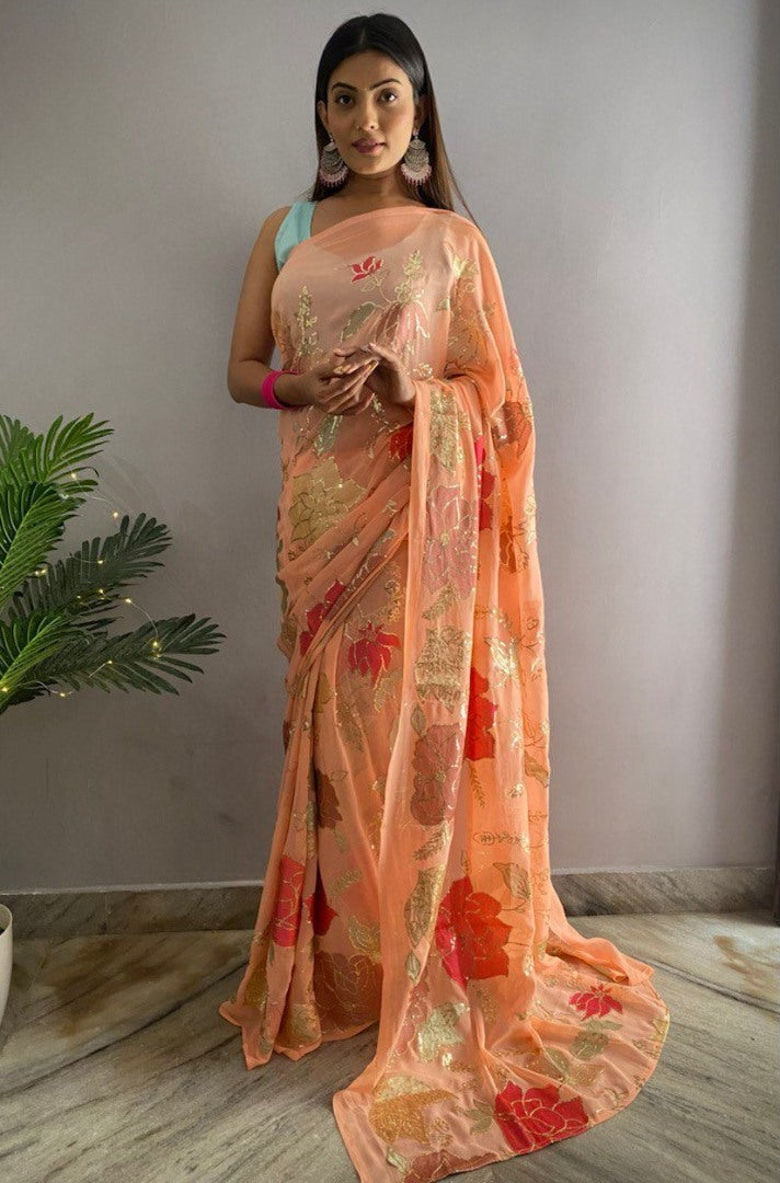 Peach georgette thread and sequence work saree