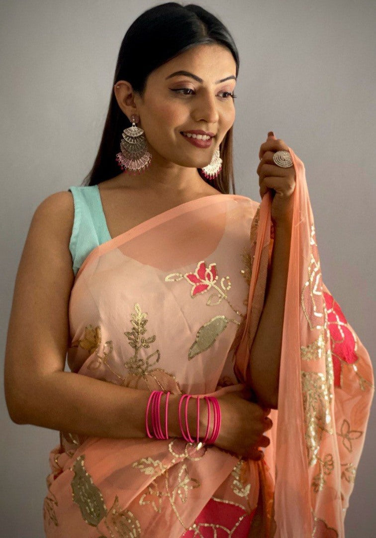 Peach georgette thread and sequence work saree