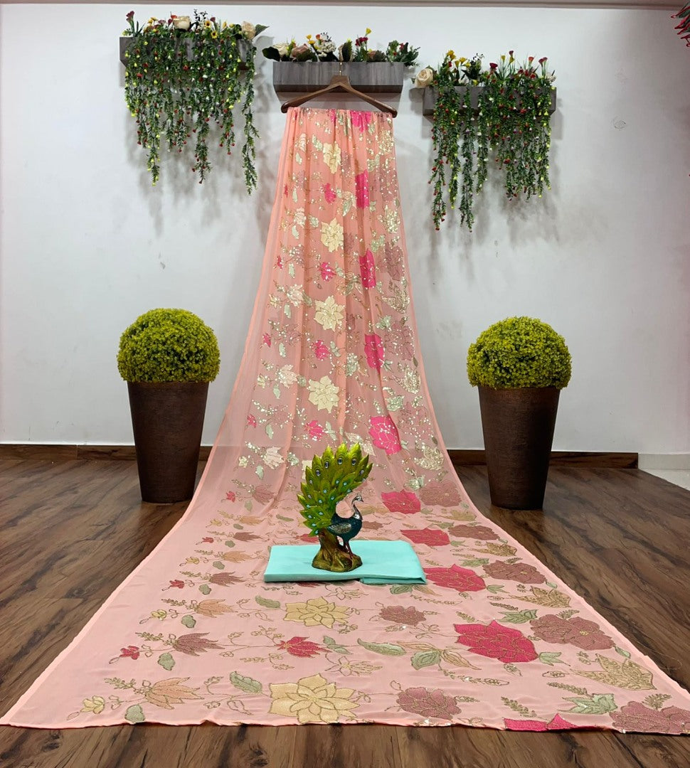 Peach georgette thread and sequence work saree