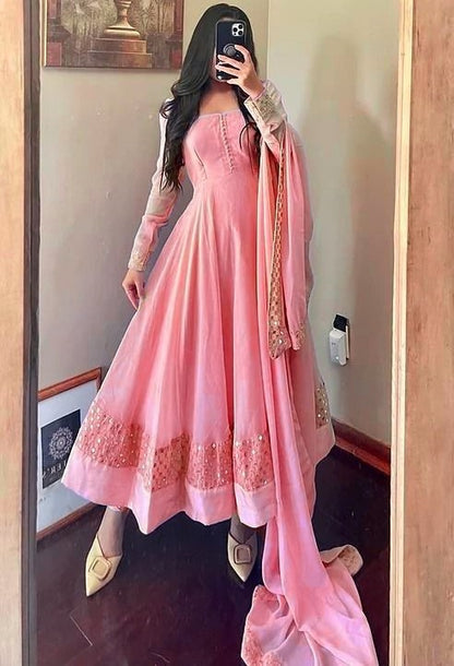 Peach georgette thread embroidered party wear anarkali suit