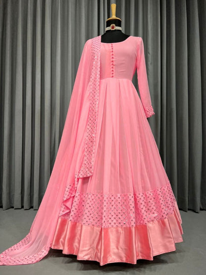 Peach georgette thread embroidered party wear anarkali suit
