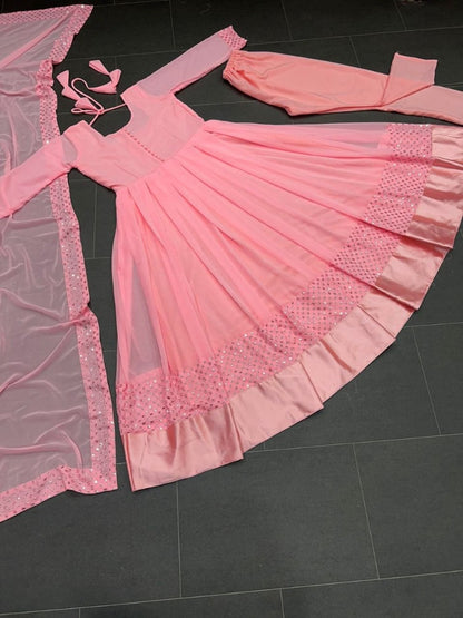 Peach georgette thread embroidered party wear anarkali suit