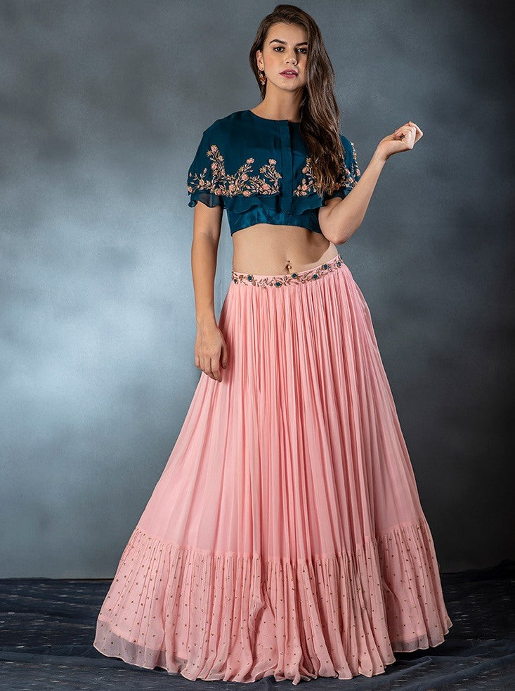 Peach georgette thread embroidery and stone work crop top lehenga