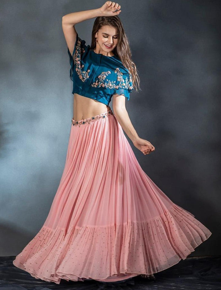 Peach georgette thread embroidery and stone work crop top lehenga