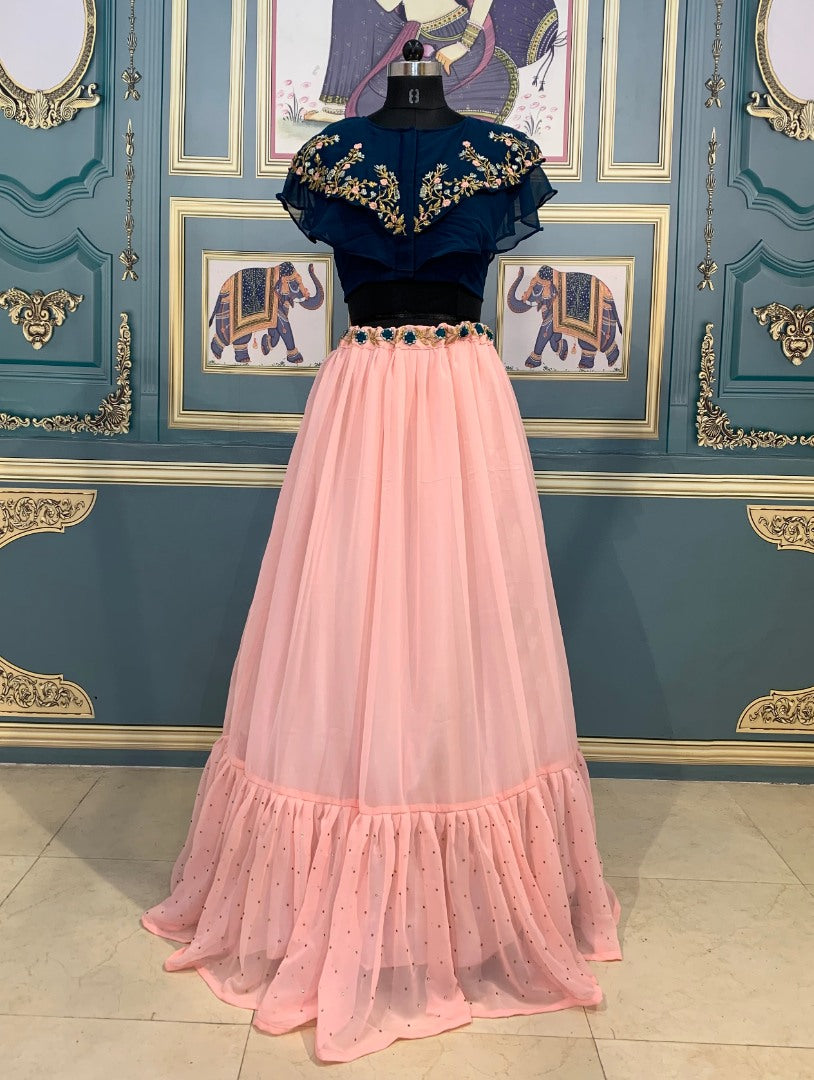 Peach georgette thread embroidery and stone work crop top lehenga