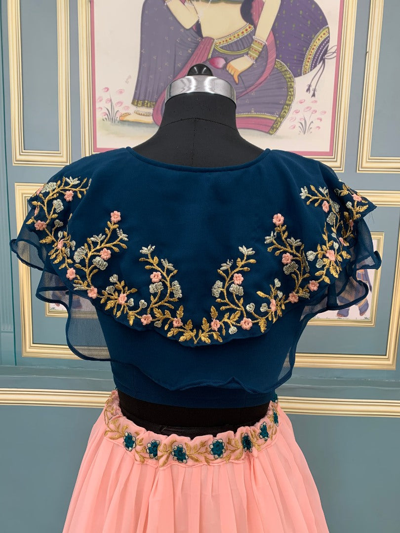 Peach georgette thread embroidery and stone work crop top lehenga