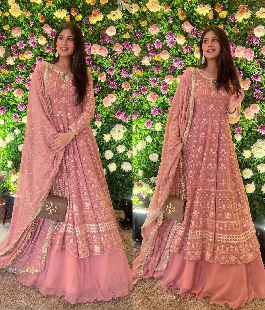 Peach georgette thread embroidery work wedding lehenga suit