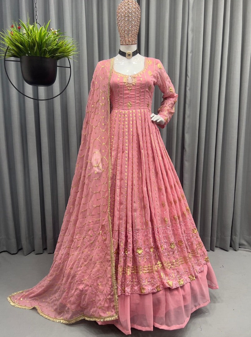 Peach georgette thread embroidery work wedding lehenga suit
