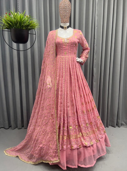 Peach georgette thread embroidery work wedding lehenga suit