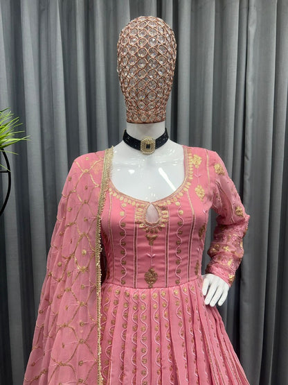 Peach georgette thread embroidery work wedding lehenga suit