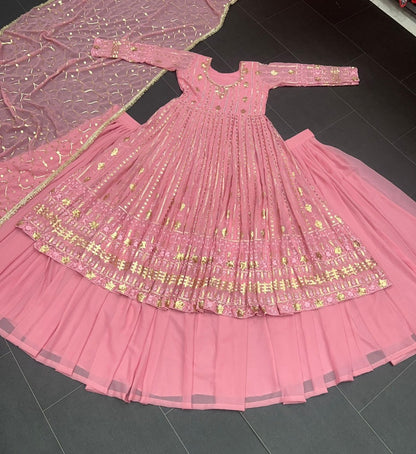 Peach georgette thread embroidery work wedding lehenga suit