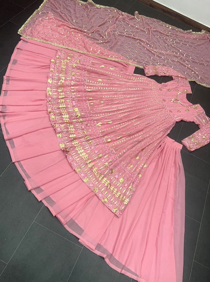 Peach georgette thread embroidery work wedding lehenga suit