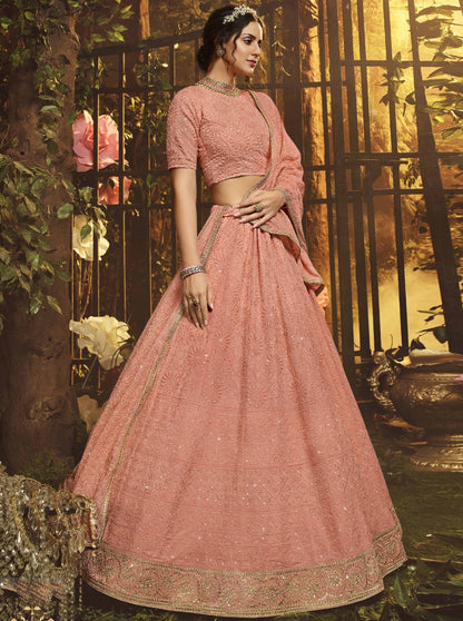 Peach georgette thread sequence work bridal lehenga choli