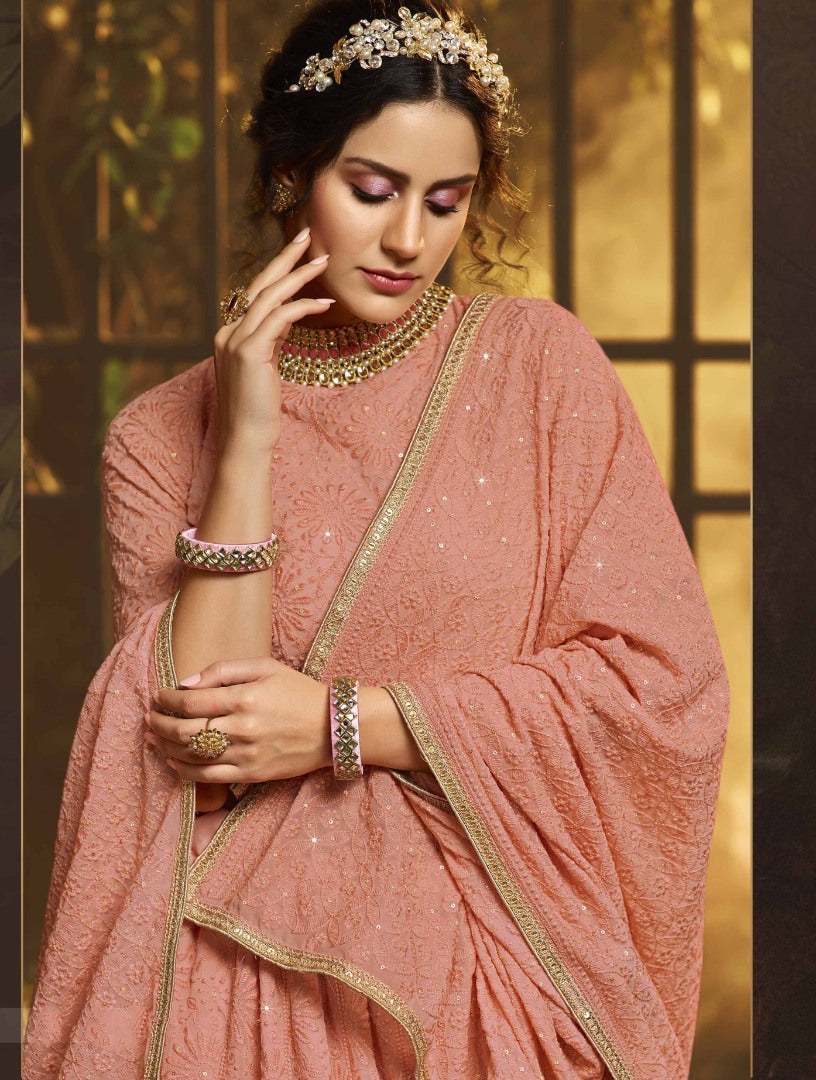 Peach georgette thread sequence work bridal lehenga choli