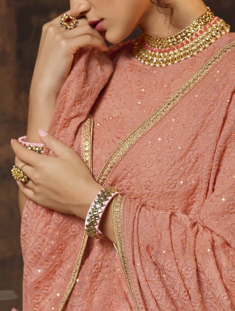 Peach georgette thread sequence work bridal lehenga choli