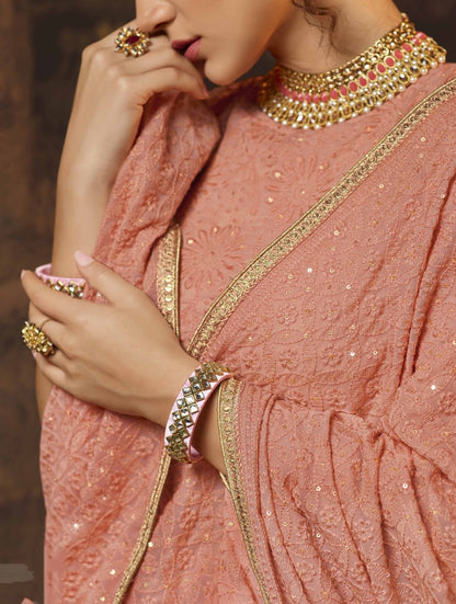 Peach georgette thread sequence work bridal lehenga choli