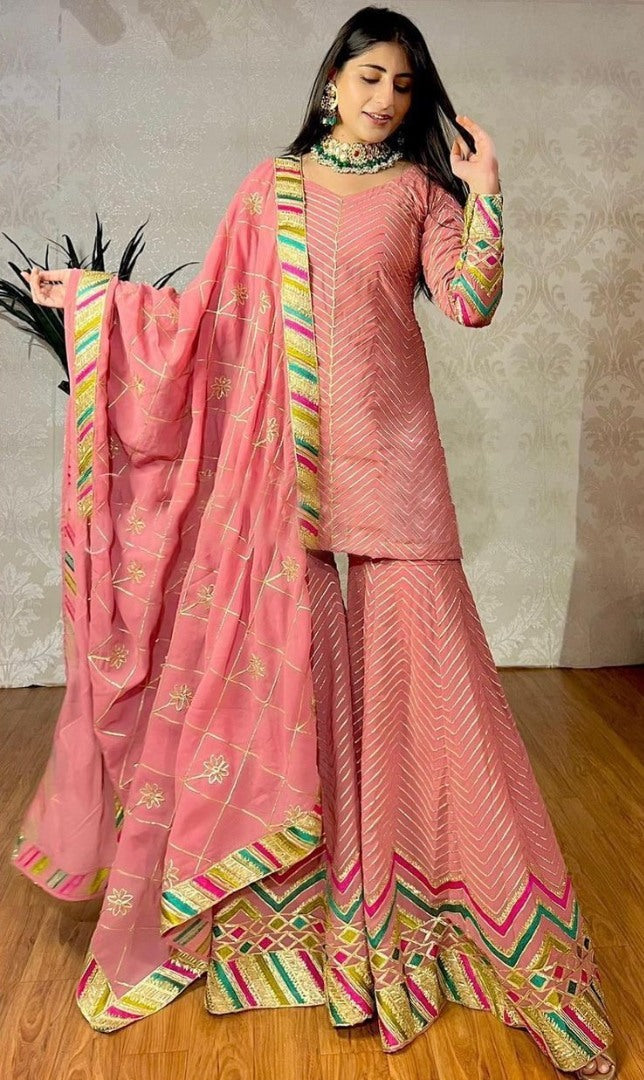 Peach georgette thread work sharara suit