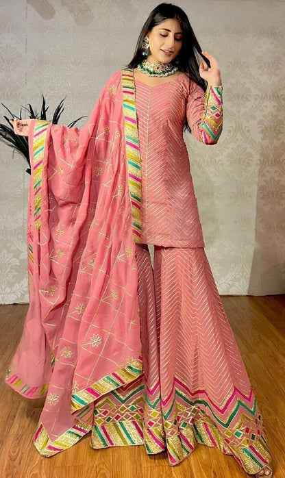Peach georgette thread work sharara suit