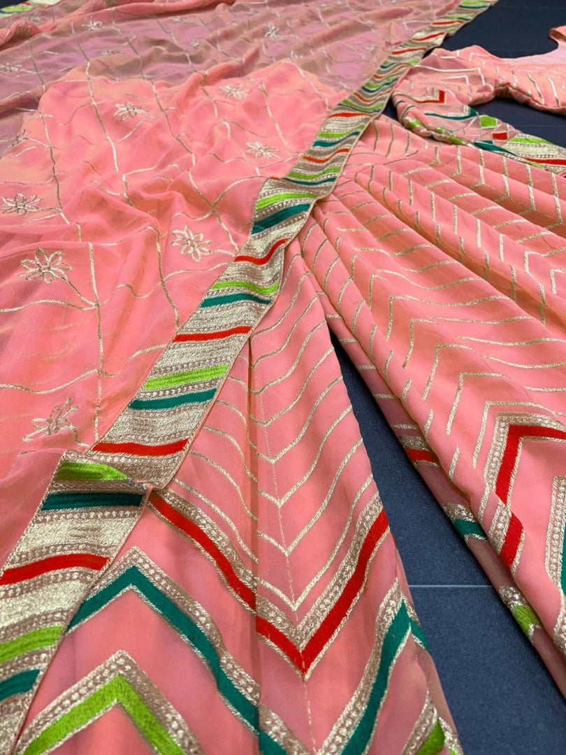 Peach georgette thread work sharara suit