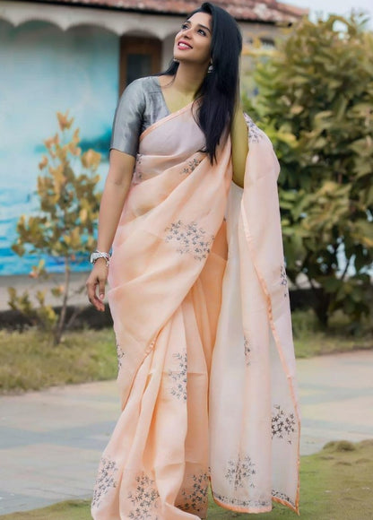 Peach heavy crushed silk coding flower work saree