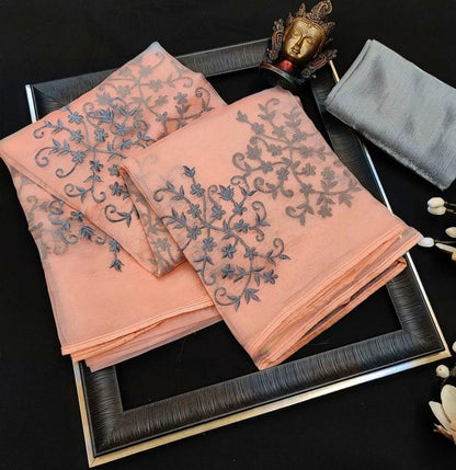 Peach heavy crushed silk coding flower work saree