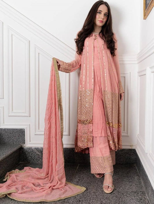 Peach heavy embroidery worked salwar suit with shrug