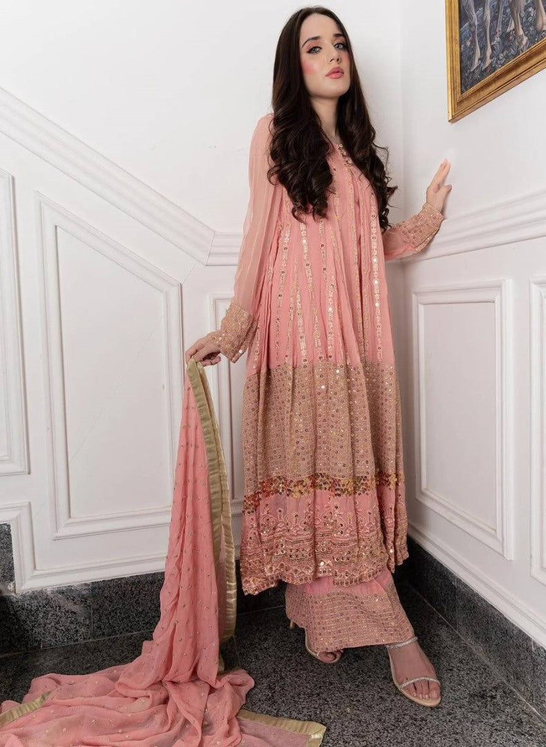 Peach heavy embroidery worked salwar suit with shrug
