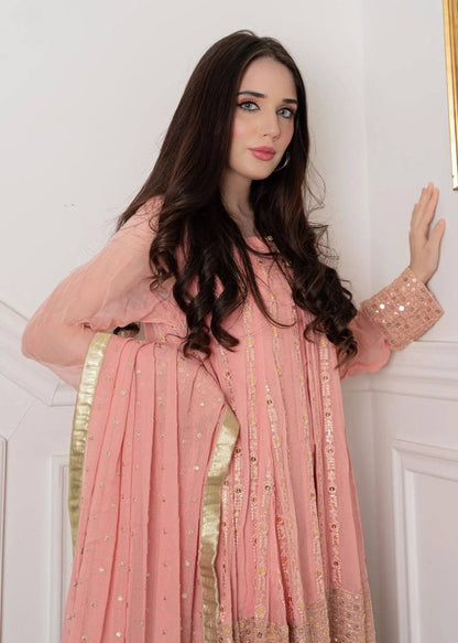 Peach heavy embroidery worked salwar suit with shrug
