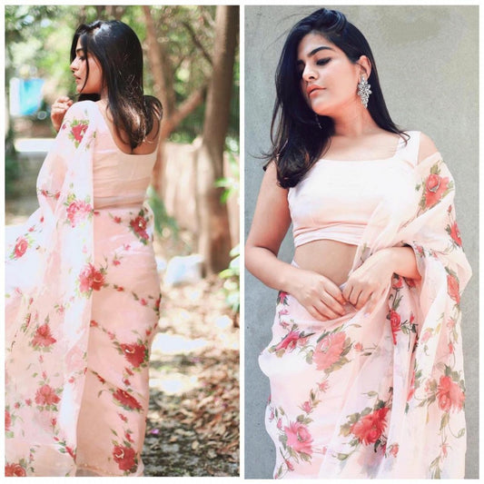 peach heavy faux georgette floral printed casual wear saree