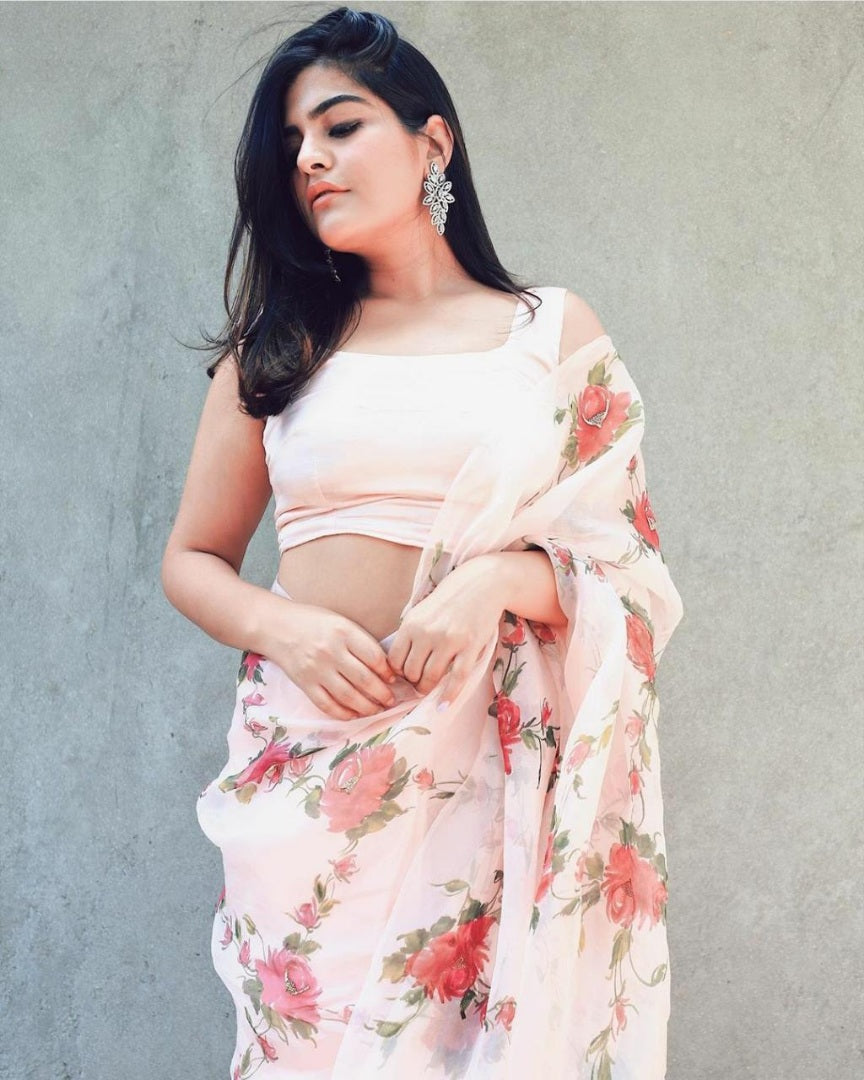 peach heavy faux georgette floral printed casual wear saree