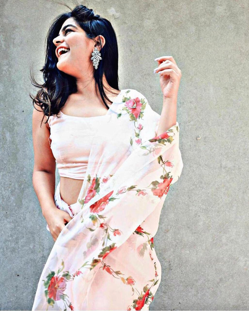 peach heavy faux georgette floral printed casual wear saree