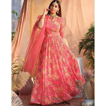 Peach heavy georgette digital flower printed work gown