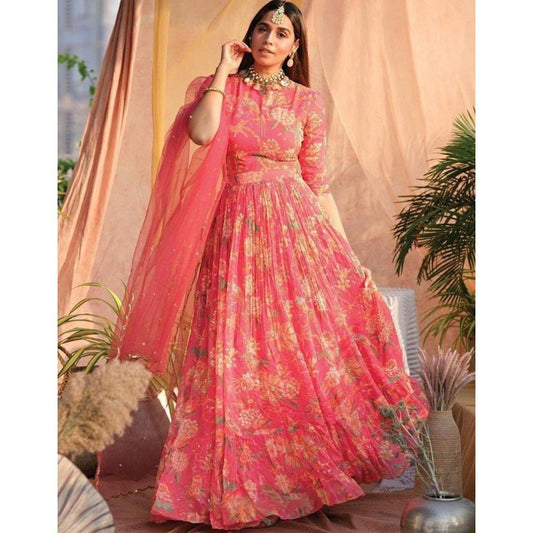 Peach heavy georgette digital flower printed work gown