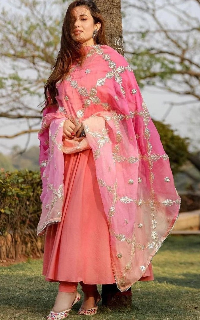 Peach heavy georgette flared gown with embroidered dupatta