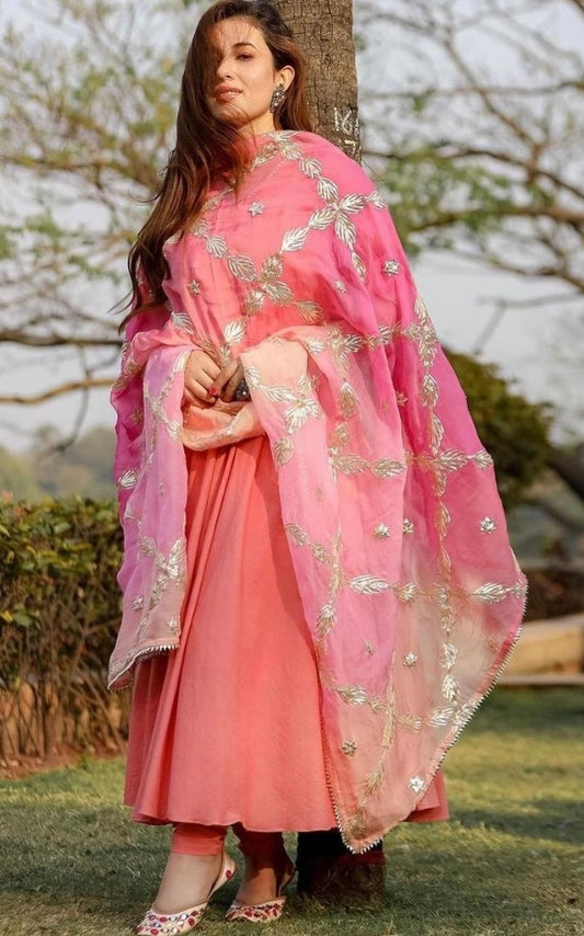 Peach heavy georgette flared gown with embroidered dupatta
