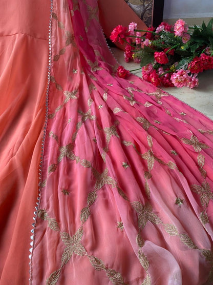 Peach heavy georgette flared gown with embroidered dupatta