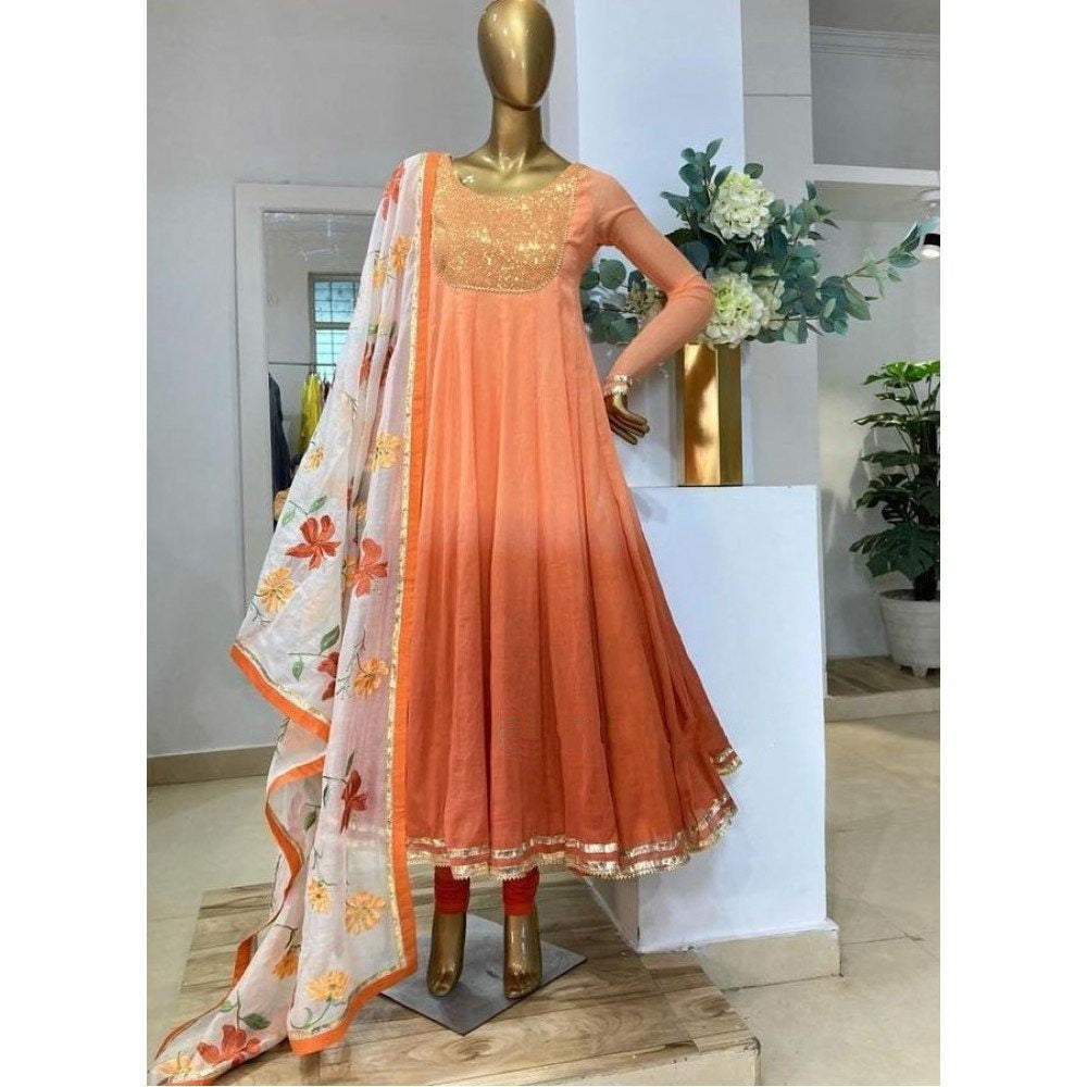 Peach heavy georgette with embroidered work gown