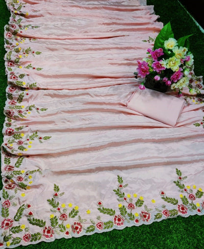 Peach heavy kasturi silk georgette thread work saree