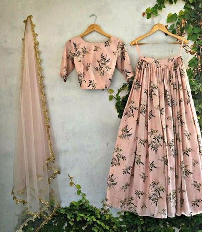 Peach heavy moss crepe beautiful printed lehenga choli