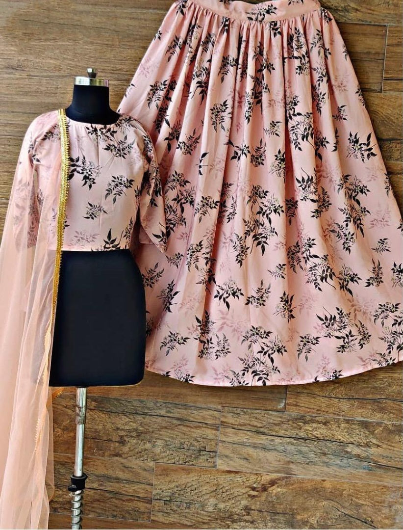 Peach heavy moss crepe beautiful printed lehenga choli