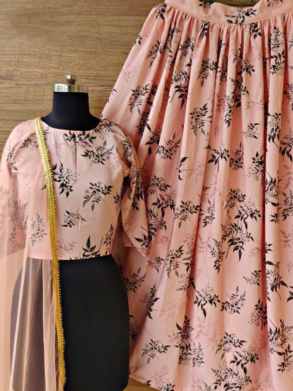 Peach heavy moss crepe beautiful printed lehenga choli