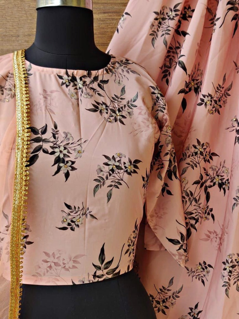 Peach heavy moss crepe beautiful printed lehenga choli