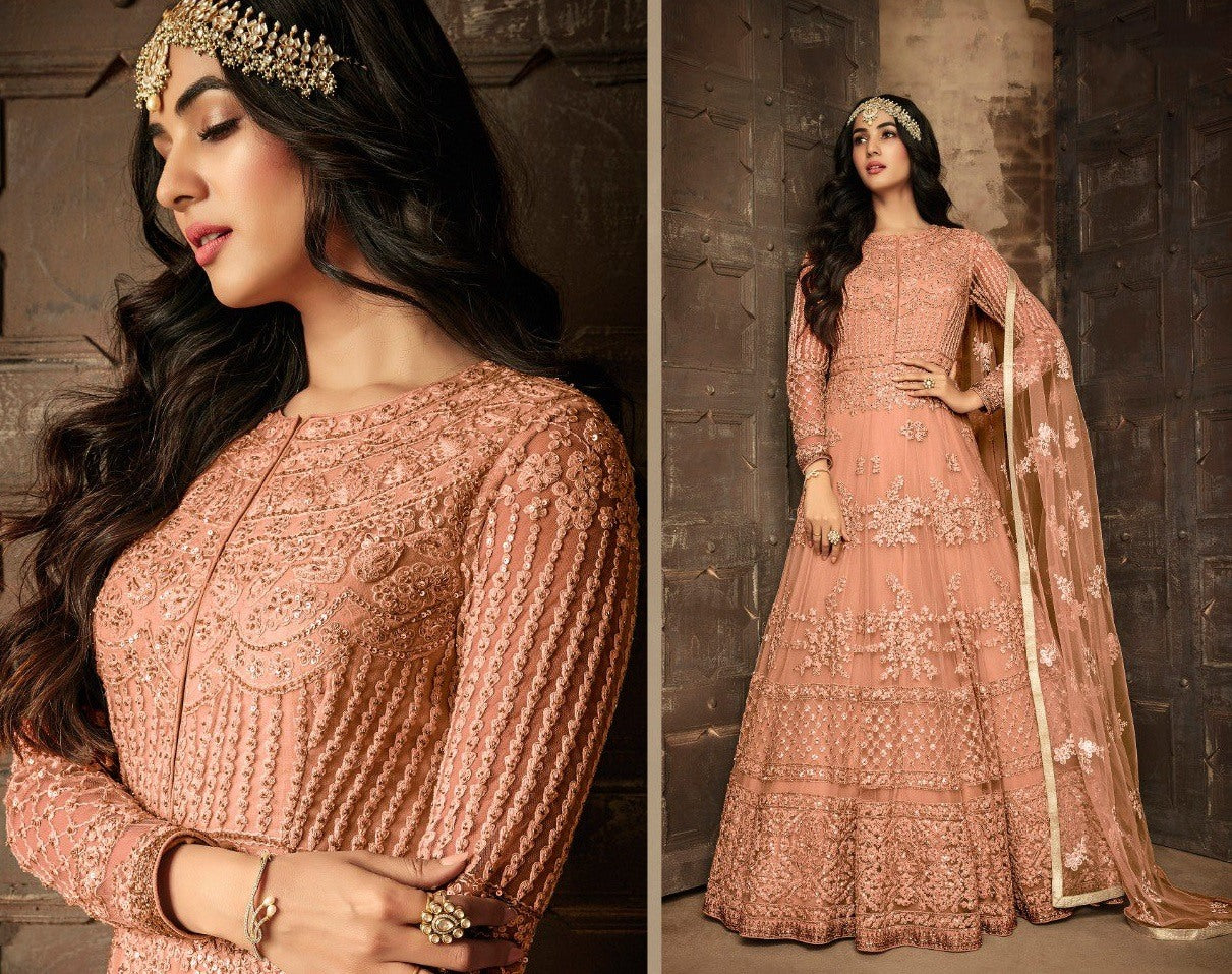 Peach heavy net and embroidered wedding long gown