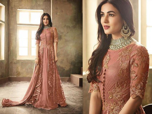 Peach heavy net embroidery and stone worked designer gown with dupatta