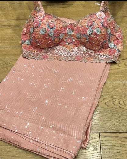 Peach heavy sequence work designer saree with heavy blouse