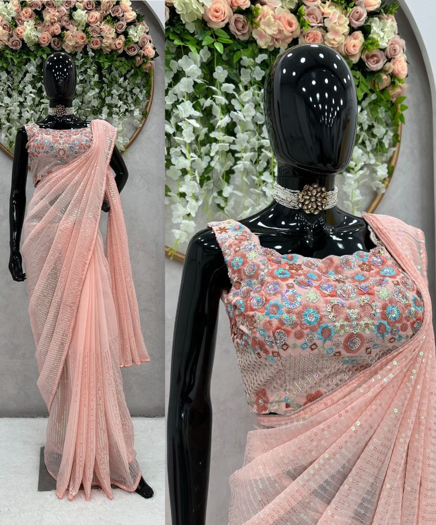 Peach heavy sequence work designer saree with heavy blouse