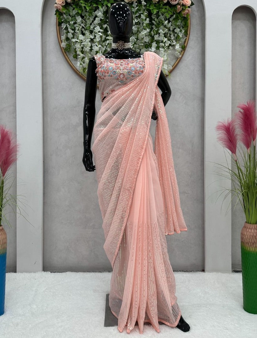 Peach heavy sequence work designer saree with heavy blouse